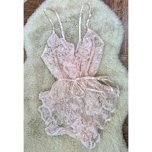 VTG FANCY PINK LACE Ruffle TEDDY Romper Nightie snap gusset Sheer Babydoll